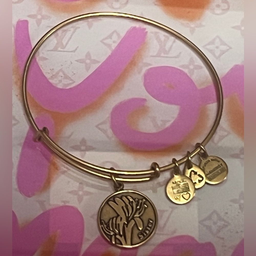 Alex and Ani "Sister”floral charm bangle bracelet Rafaelian gold-tone finish
